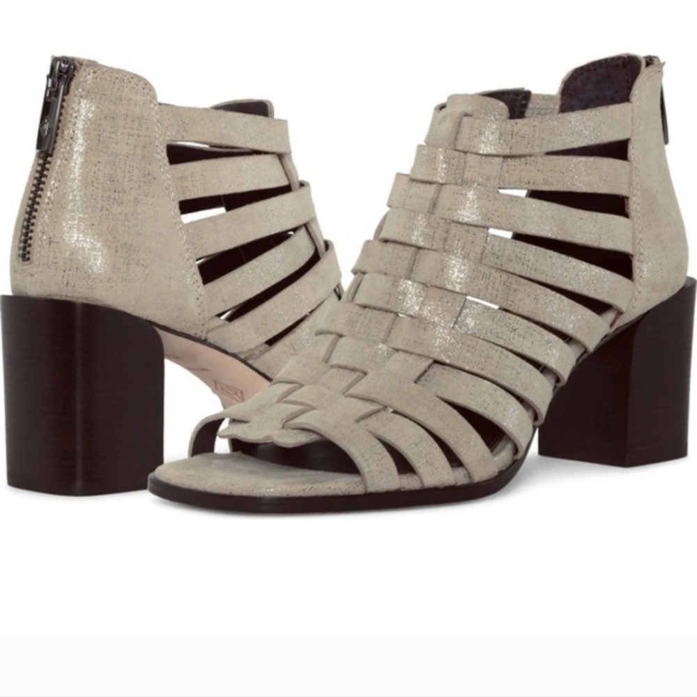 Donald Pliner Metallic Cage Sandals Block Heel Pewter Leather